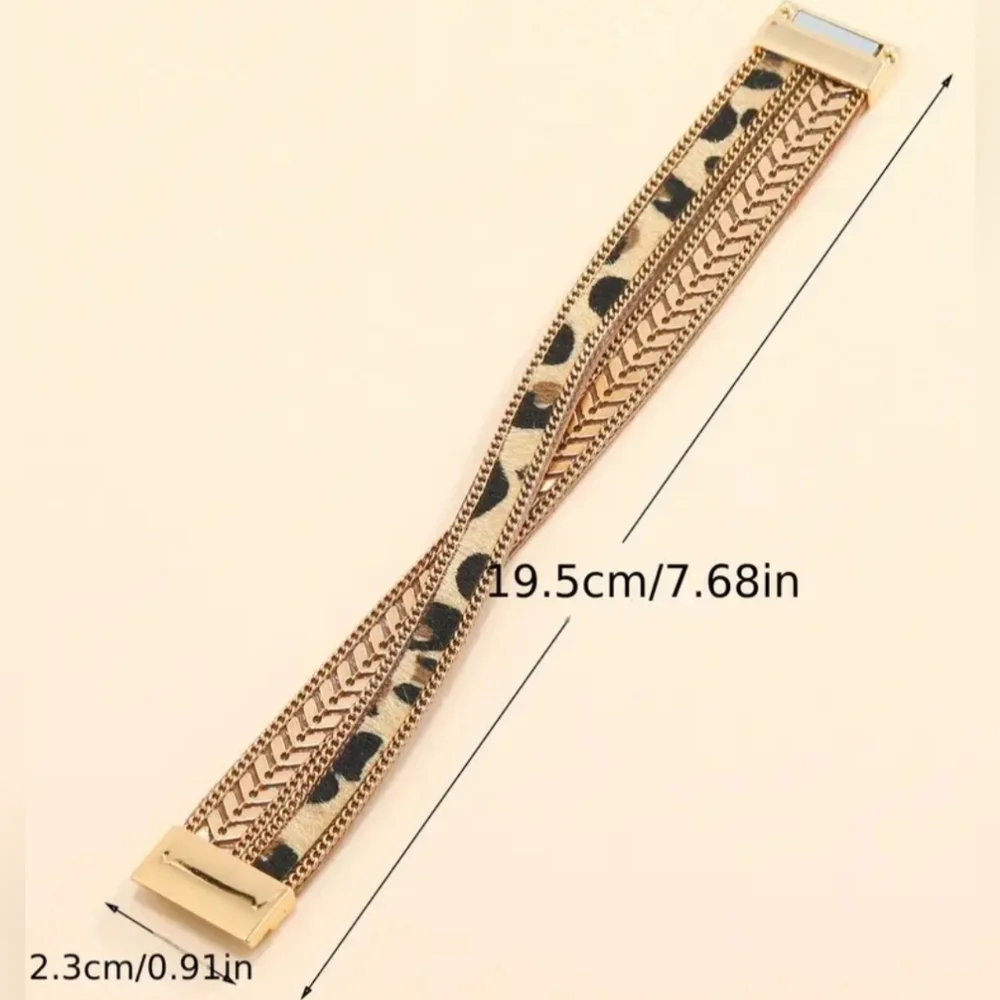 NEW Animal Print Leopard Cheetah Print Gold-Tone‎ Magnetic Bracelet-(#0261)